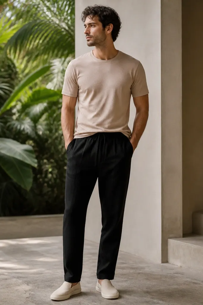 Black linen pants with a sand-beige crew-neck T-shirt tucked slightly at the front. The fit is clean through the shoulders, and the outfit is finished with cream canvas slip-on shoes.