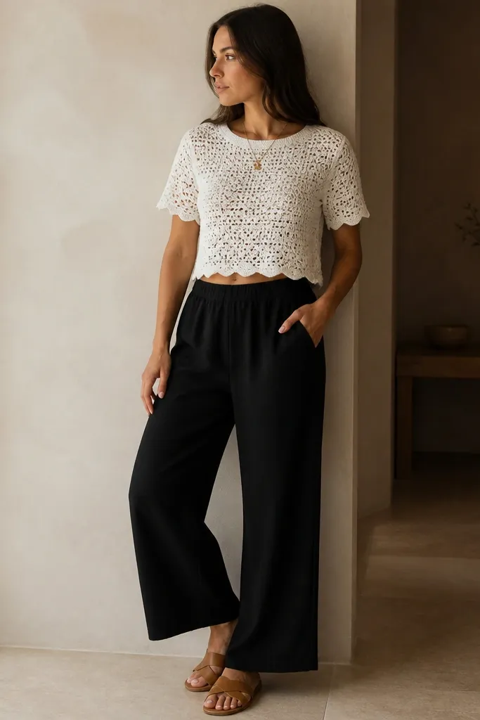 The outfit shows black linen pants and a white crochet short-sleeve top with scalloped edges. The top is slightly cropped at the high hip and worn with a delicate gold necklace. Shoes are tan leather slides.