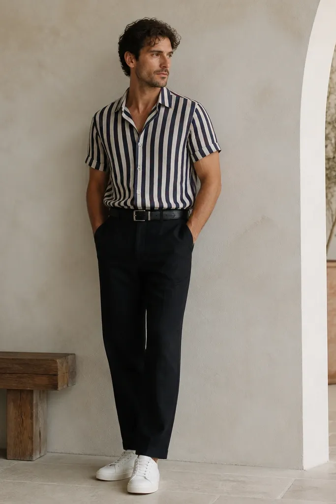 Black linen pants paired with a navy and off-white striped short-sleeve shirt. The shirt is tucked with a belt, and the shoes are white leather sneakers.