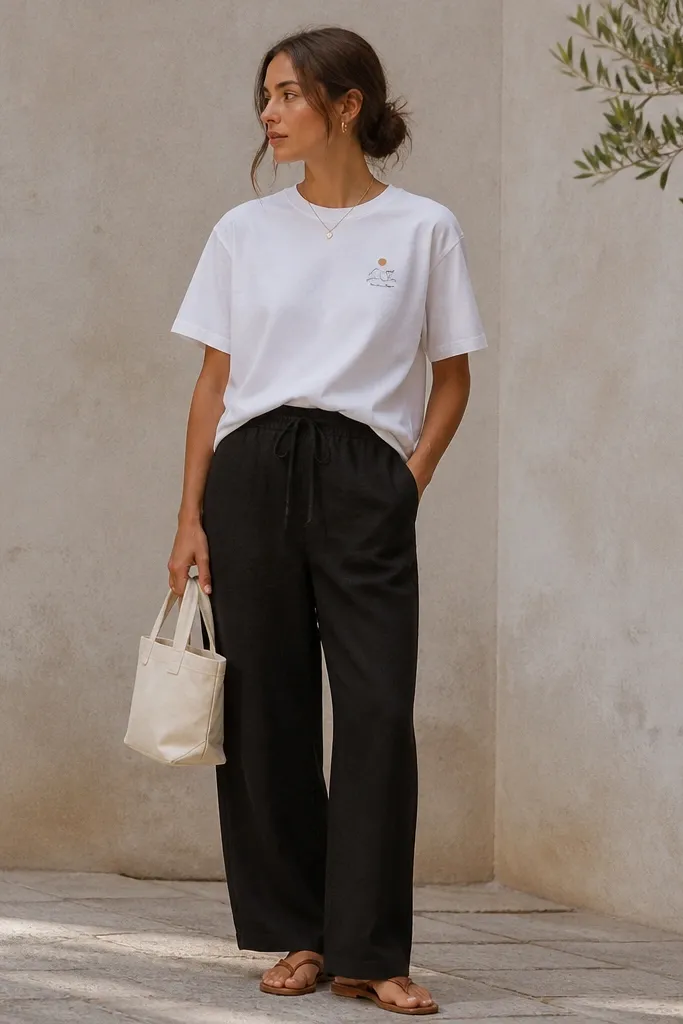 A model wears black linen pants with a relaxed fit and a white graphic tee tucked loosely at the front. The tee has a small chest logo and a slightly oversized body. Shoes are brown leather thong sandals, and the bag is a mini canvas tote.