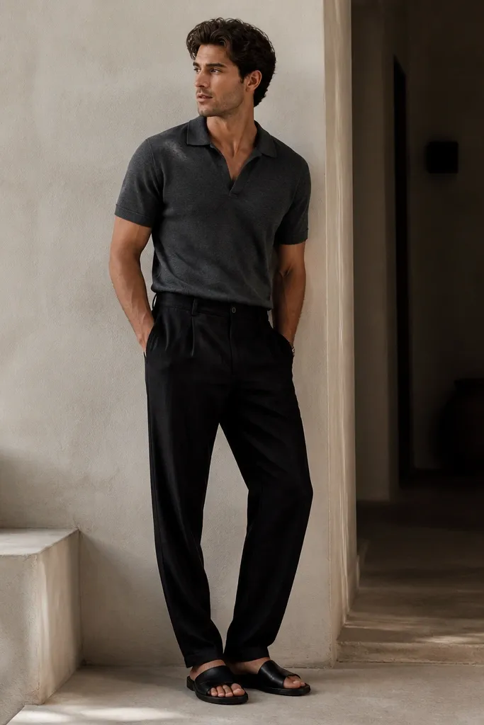 Black linen pants paired with a charcoal knit polo shirt. The polo has a slightly open collar and short sleeves, styled with black leather slides.