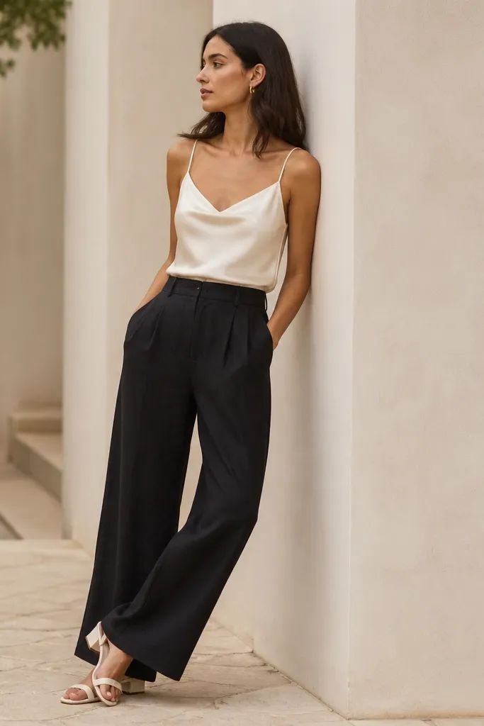 A model wears black linen pants with a satin-finish cream camisole. The camisole has spaghetti straps and a subtle sheen. The model wears a single gold hoop earring and a cream leather sandal with a low heel.