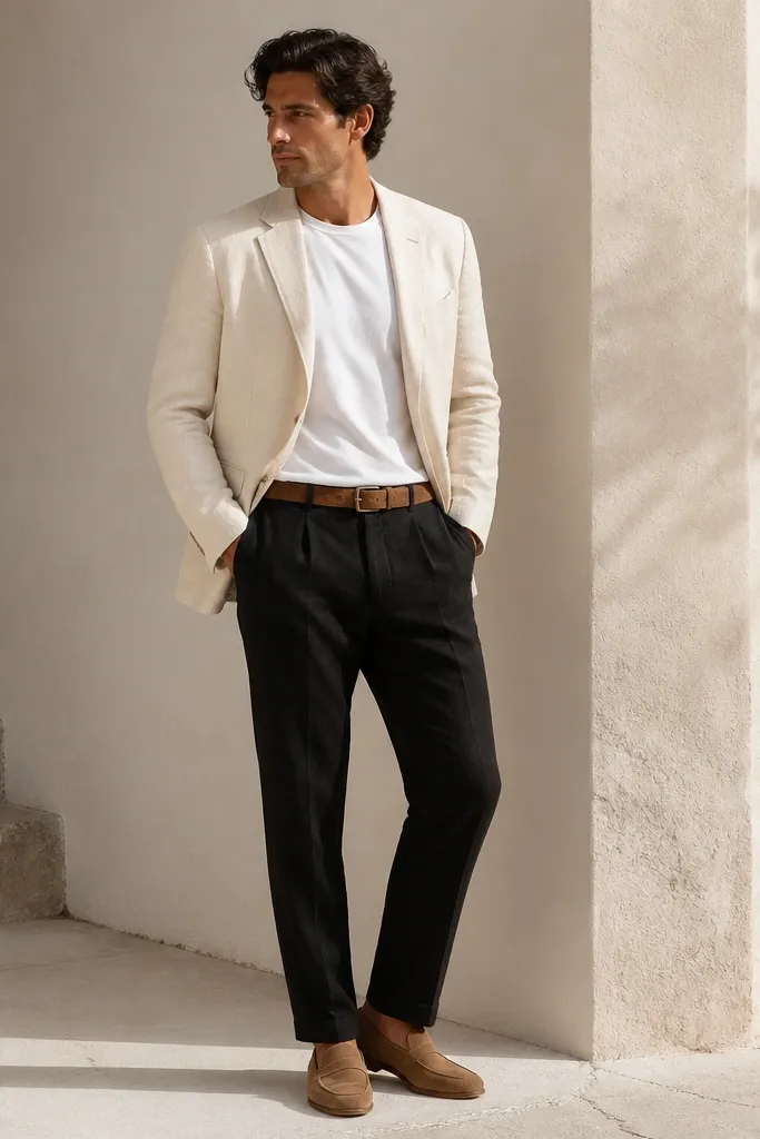 Black linen pants paired with an off-white linen blazer. The blazer is worn open with a white tee underneath. The sleeves are unrolled, and the model wears tan suede loafers and a belt matching the loafers.