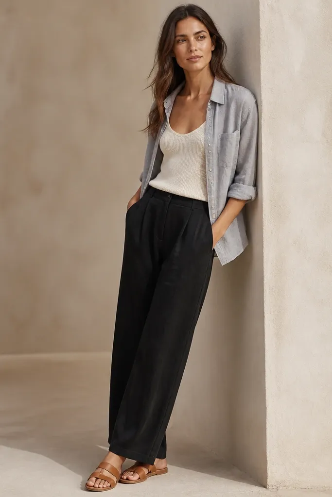 Black linen pants worn with a cream knit tank top. Over it is an open light grey linen shirt, and the shoes are tan leather sandals.