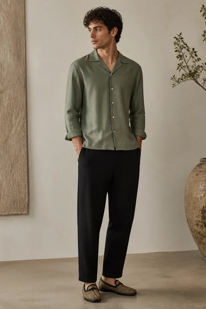 A model wears black linen pants with a sage green camp collar shirt. The shirt is worn fully buttoned with the top button open, and the sleeves are rolled once. Shoes are black-and-tan woven loafers.