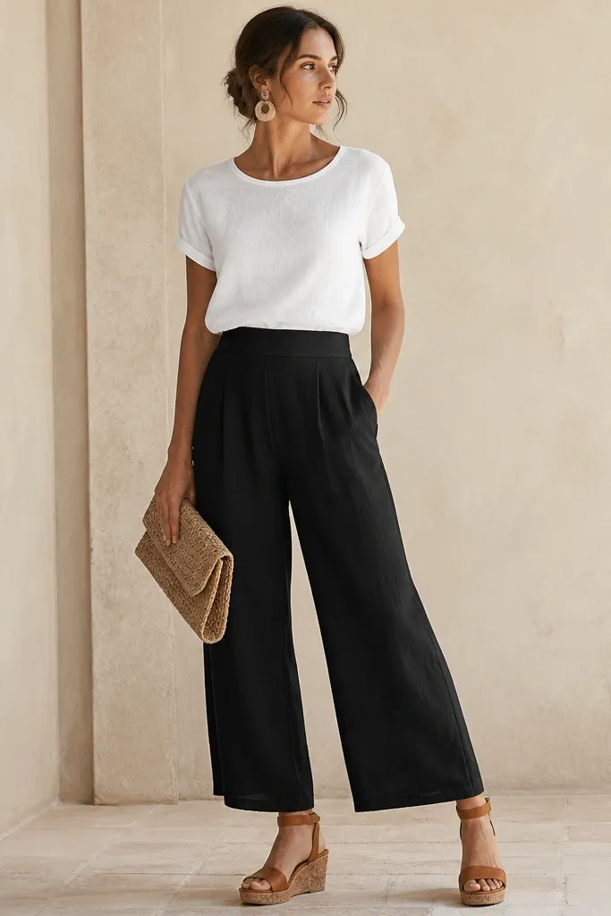 Black linen pants paired with a white linen tee that's slightly cropped. The tee is tucked into the waistband. The model wears cork wedge sandals with a tan ankle strap and carries a woven clutch.