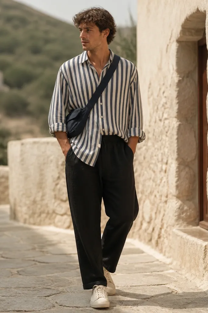 The model wears black linen pants with a navy-and-cream striped linen shirt. The shirt is worn loose with the front slightly untucked and the sleeves rolled. Shoes are cream canvas sneakers and a navy crossbody bag.