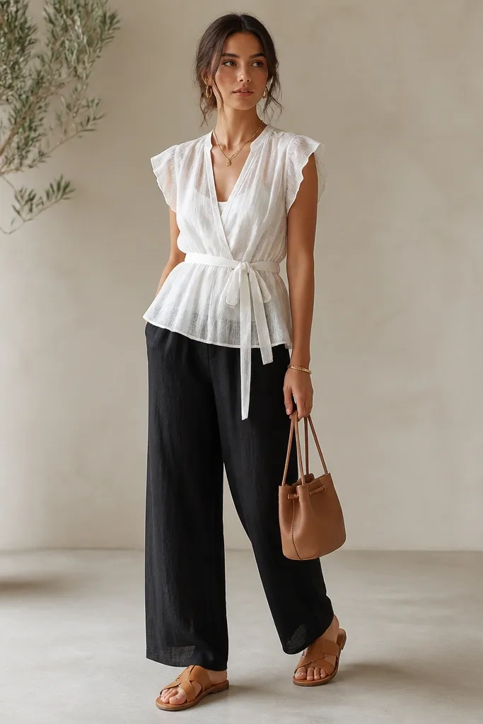 A model wears black linen pants with a white gauze blouse that has a waist tie. The blouse is semi-sheer but layered, with small flutter sleeves. Shoes are tan leather sandals and the bag is a small bucket bag.