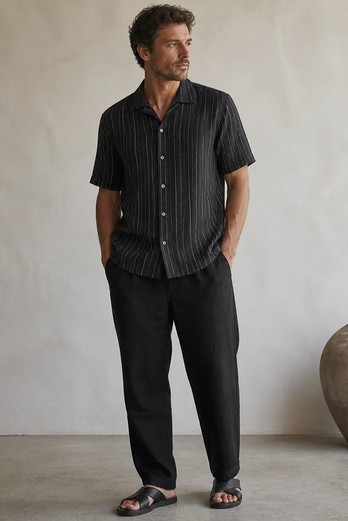 Black linen pants with a matching striped linen short-sleeve shirt featuring thin vertical stripes. The shirt is untucked and worn with black sandals.