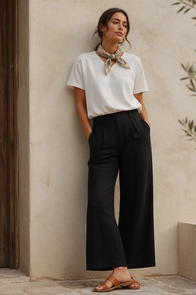 Black linen pants with a plain white short-sleeve shirt. A printed bandana is tied around the neck, and the shoes are tan leather sandals.