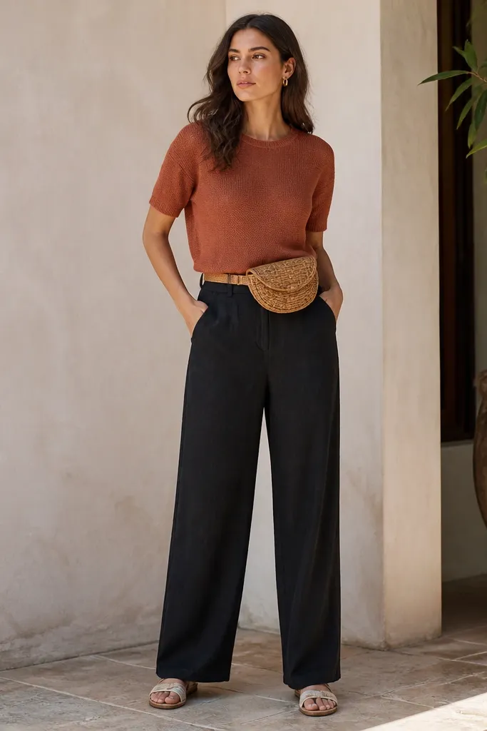 Black linen pants paired with a terracotta knit short-sleeve top. The knit is thin and breathable, tucked into the waistband with a clean line. The model wears white sandals and a woven belt bag in tan.