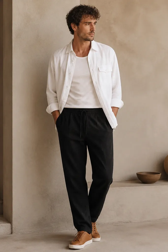 A model wears black linen pants with a white linen overshirt layered on top. The overshirt is worn open, with a small pocket flap visible. The shirt cuffs are rolled once and the shoes are tan leather sneakers.