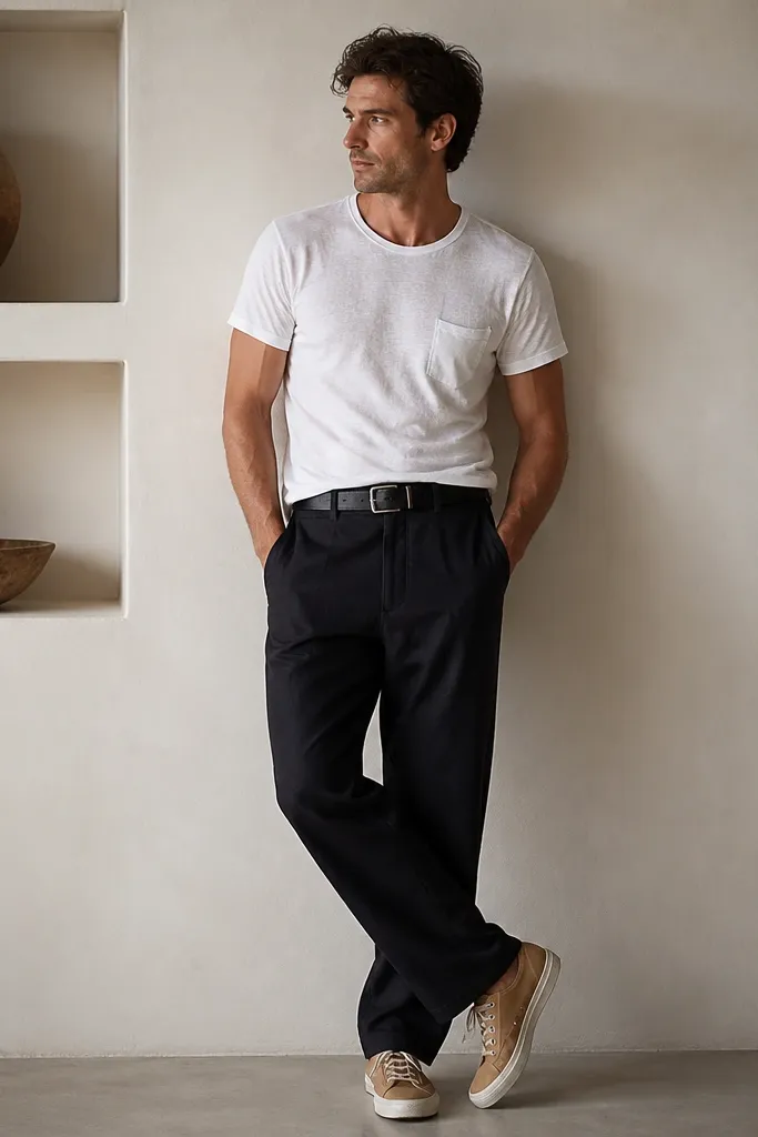 Black linen pants worn with a white linen tee that is slightly fitted. A black leather belt is visible, and tan canvas sneakers complete the look.