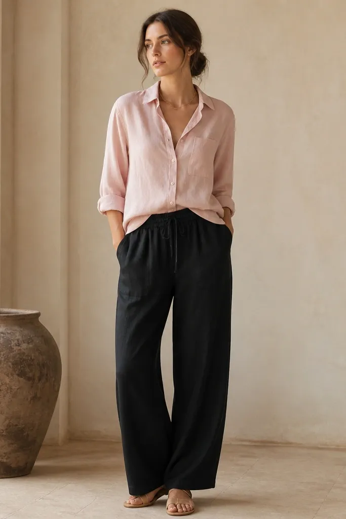 Black linen pants paired with a blush pink button-up shirt. The shirt is half-tucked and the sleeves are rolled to show forearms. Shoes are nude leather sandals and the model wears a thin gold necklace.