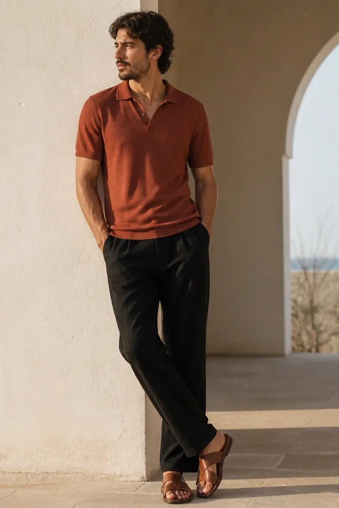 Black linen pants paired with a rust terracotta knit polo shirt. The polo is worn untucked, collar open one button, with brown leather sandals.