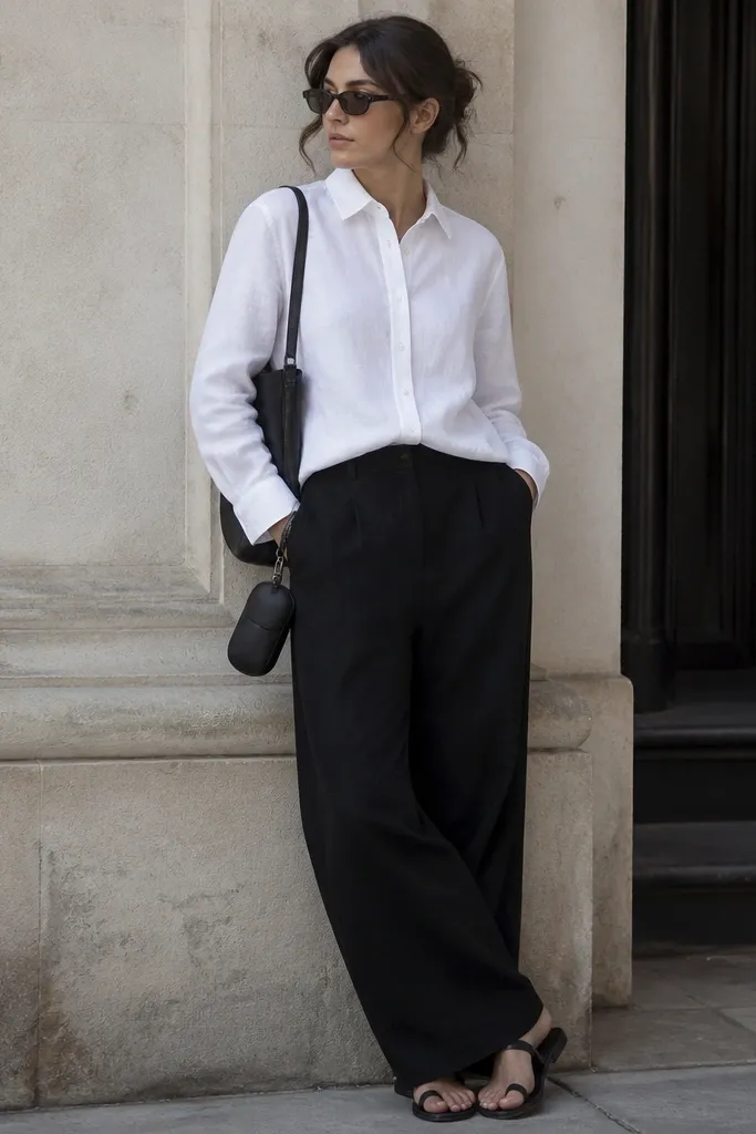 A model wears black linen pants and a white long-sleeve linen shirt. The shirt is fully buttoned with a slightly loose fit and tucked in at the front. Shoes are black leather flat sandals and a black sunglasses case hangs from the bag.