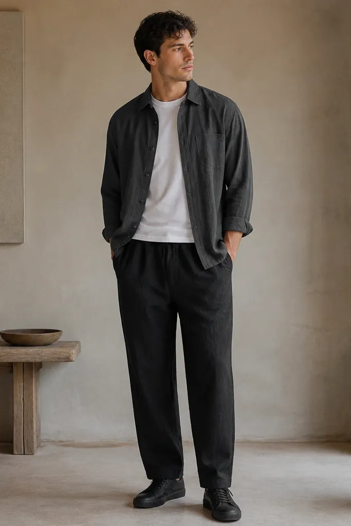 Black linen pants with a white tee and a charcoal tencel overshirt worn open. The overshirt has a casual collar and button placket, paired with black low-top sneakers.