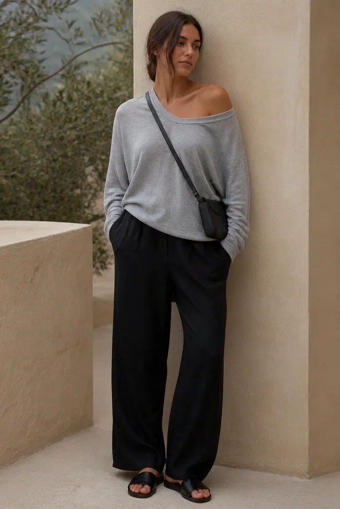 Black linen pants with a light grey lightweight hoodie. The hoodie is worn slightly off-shoulder, paired with black slide sandals and a simple crossbody bag.