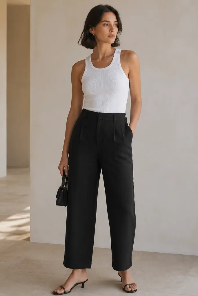 A model wears black linen pants with a white ribbed tank. The tank is tucked neatly and the pants show a clean ankle hem. Shoes are black leather strappy sandals with a slight heel, and the model carries a black mini bag.