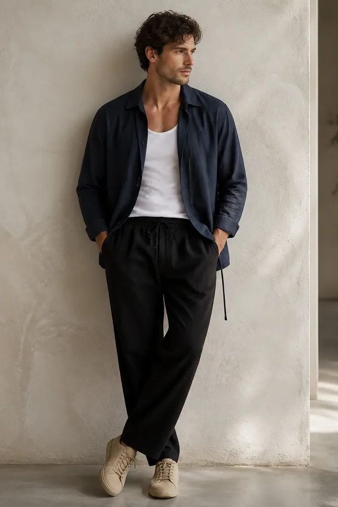 Black linen pants paired with a white tank top. Over it is a navy lightweight drawstring shirt worn open, with the drawstrings hanging and tan sneakers.