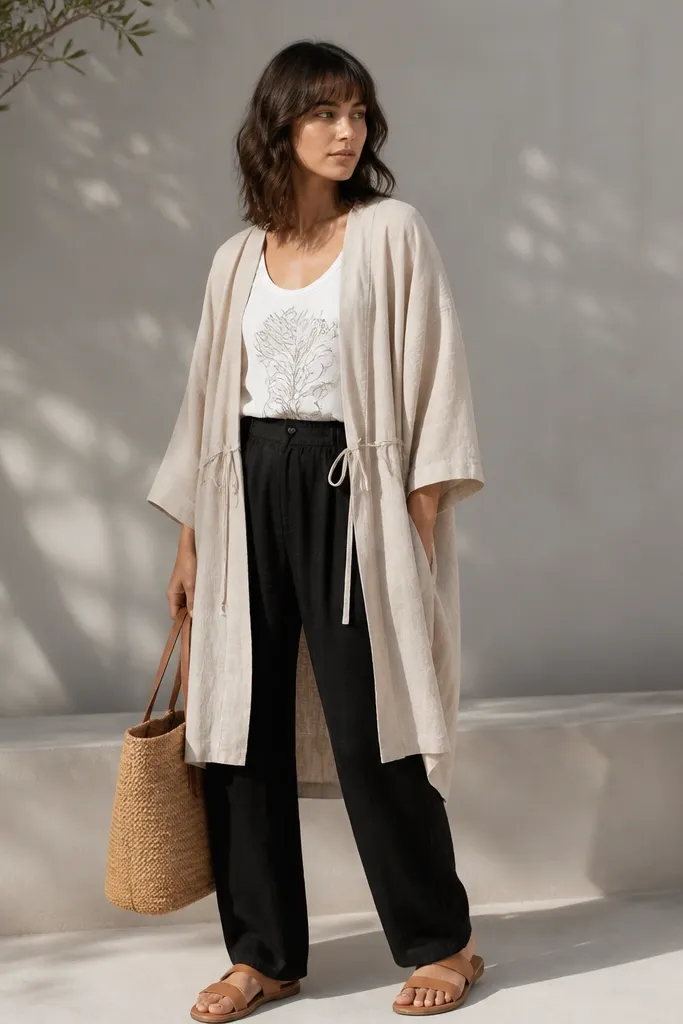 The model wears black linen pants and a white graphic tank under a natural linen kimono layer. The kimono hangs open with loose sleeves and a tie at the waist. Shoes are tan sandals and the bag is a woven tote.