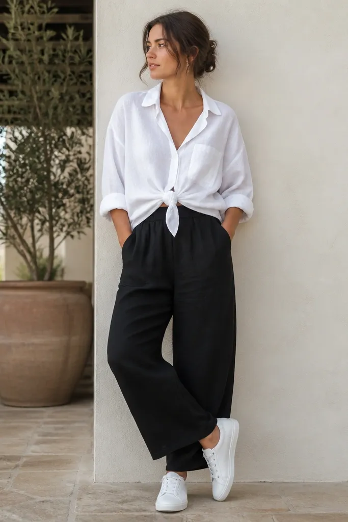 Black linen pants paired with an oversized white shirt. The front is tied into a small knot at the waist, sleeves are rolled, and the shoes are white low-profile sneakers.