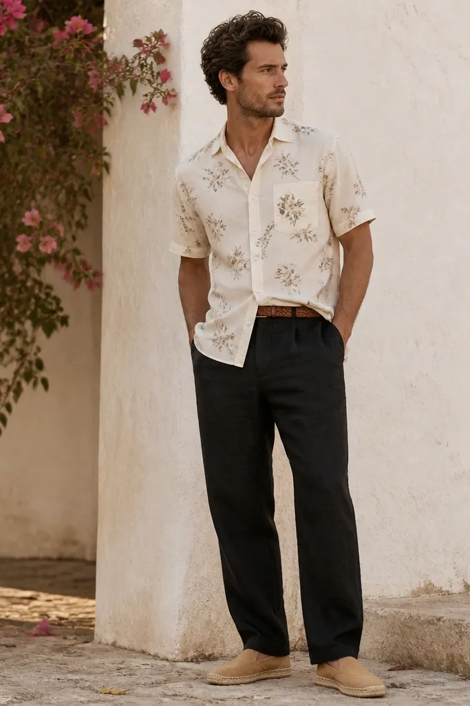 Black linen pants with a cream short-sleeve button-up featuring muted small florals. The shirt is worn untucked, with a brown leather belt and tan espadrilles.