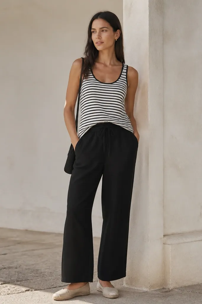 The model wears black linen pants with a black-and-white striped tank. The tank is tucked at the front and sits close to the body. Shoes are light jute espadrille flats, and the bag is a small black crossbody.