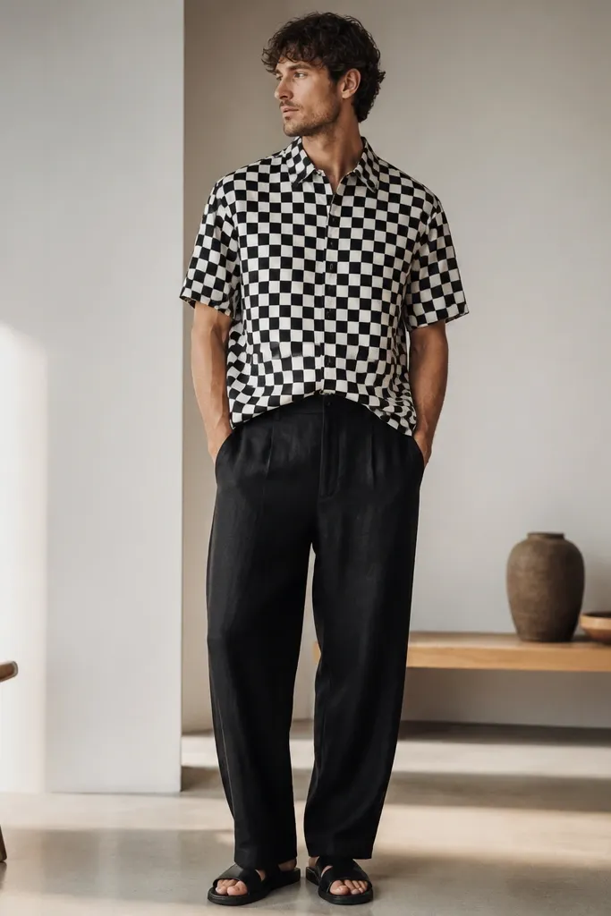 Black linen pants paired with a black-and-white check short-sleeve shirt. The shirt is buttoned up, slightly tucked at the front, and styled with black leather slides.