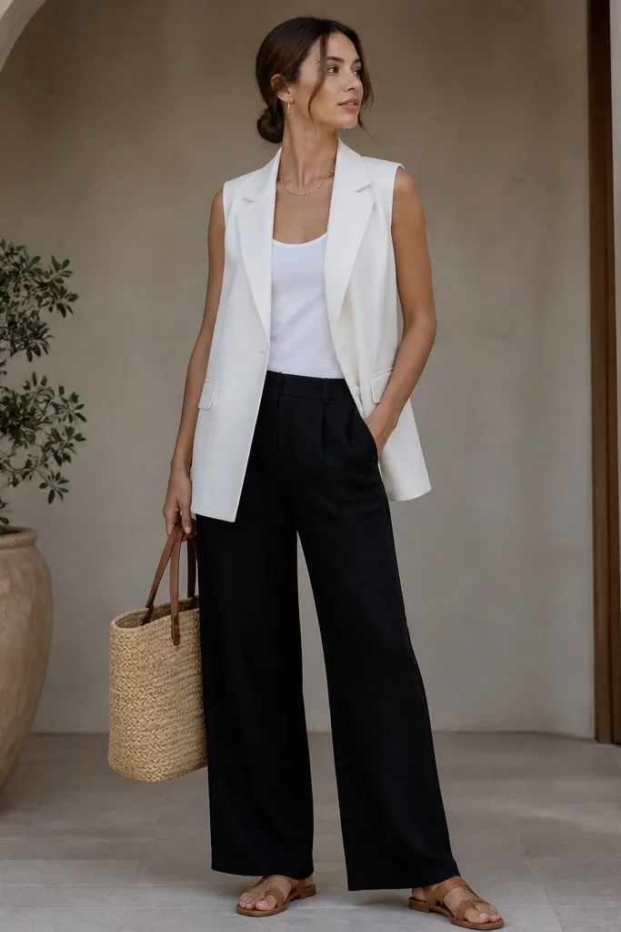 A model wears black linen pants with a white blazer vest over a white tank. The vest is open and has sharp lapels. Shoes are tan leather sandals and the bag is a structured straw tote.