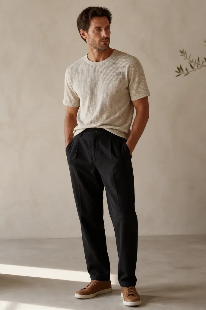 Black linen pants with an oatmeal waffle-texture tee. The tee is slightly tucked, and the shoes are light brown leather sneakers.