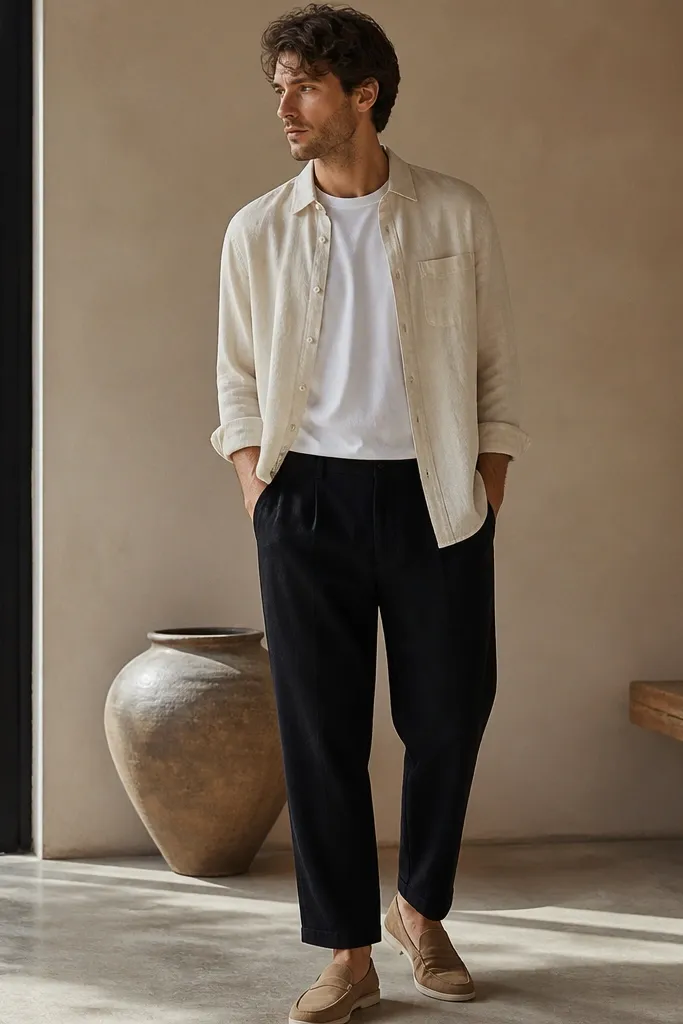 Black linen pants with a cream linen overshirt worn open over a white tee. The overshirt has a natural drape and the shoes are tan suede loafers.