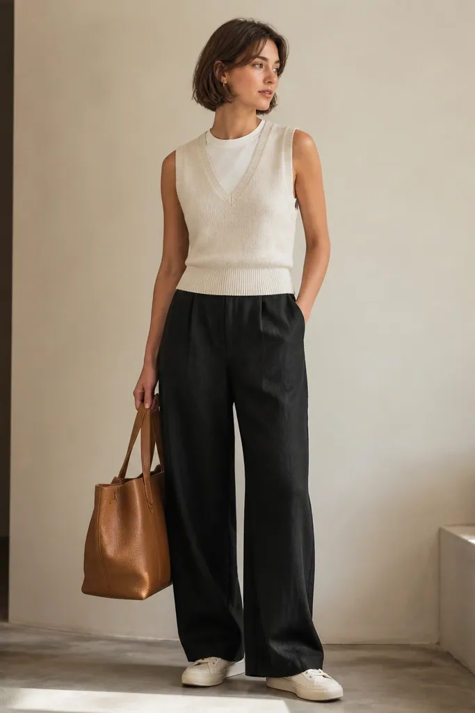 A model wears black linen pants with an off-white knit sweater vest over a sleeveless white shirt. The vest is fitted at the waist and ends around the high hip. Shoes are cream sneakers and the bag is a tan leather tote.