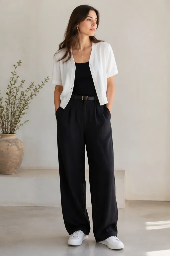 Black linen pants paired with a white short-sleeve cardigan worn open over a black tank. The shoes are white sneakers and a black leather belt is visible.