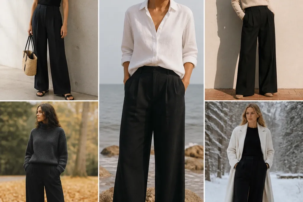 Seasonal evergreen black linen pants outfit ideas