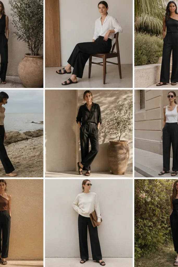 Seasonal evergreen black linen pants outfit ideas