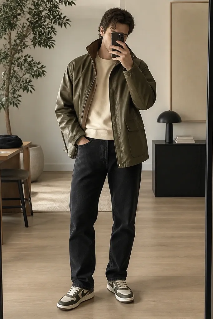 A full-body mirror shot showing cream crewneck T-shirt, black straight-leg jeans, and a glossy waxed olive jacket with a high collar. The Travis Scott shoes are visible in the foreground on a light wood floor; the shoes show a cream base with darker panels.