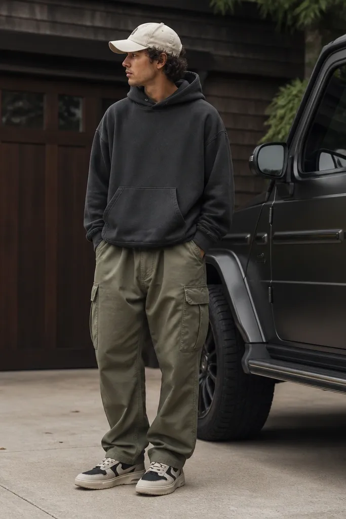 Street-style photo outdoors: charcoal pullover hoodie, olive cargo pants with roomy thighs, and a cream baseball cap. The Travis Scott shoes sit in a driveway shot, showing a muted upper with textured panels and a thick sole.