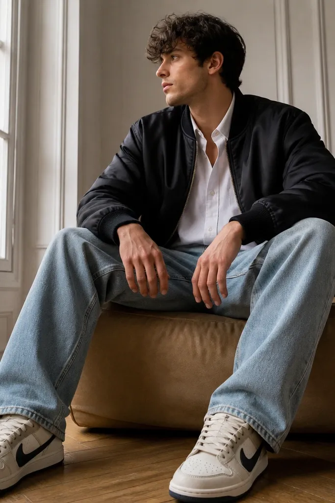 Indoor daylight photo: crisp white button-down shirt worn slightly open, light-wash denim jeans, and a black bomber jacket. The Travis Scott shoes are centered, showing contrast stitching and a lighter upper.