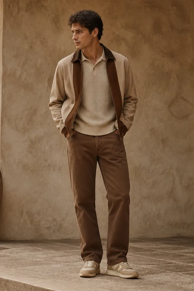 A warm-toned outdoor shot: sand knit polo shirt, medium brown straight jeans, and a jacket with visible suede trim or panels. Travis Scott shoes show warm cream and tan tones with textured uppers.