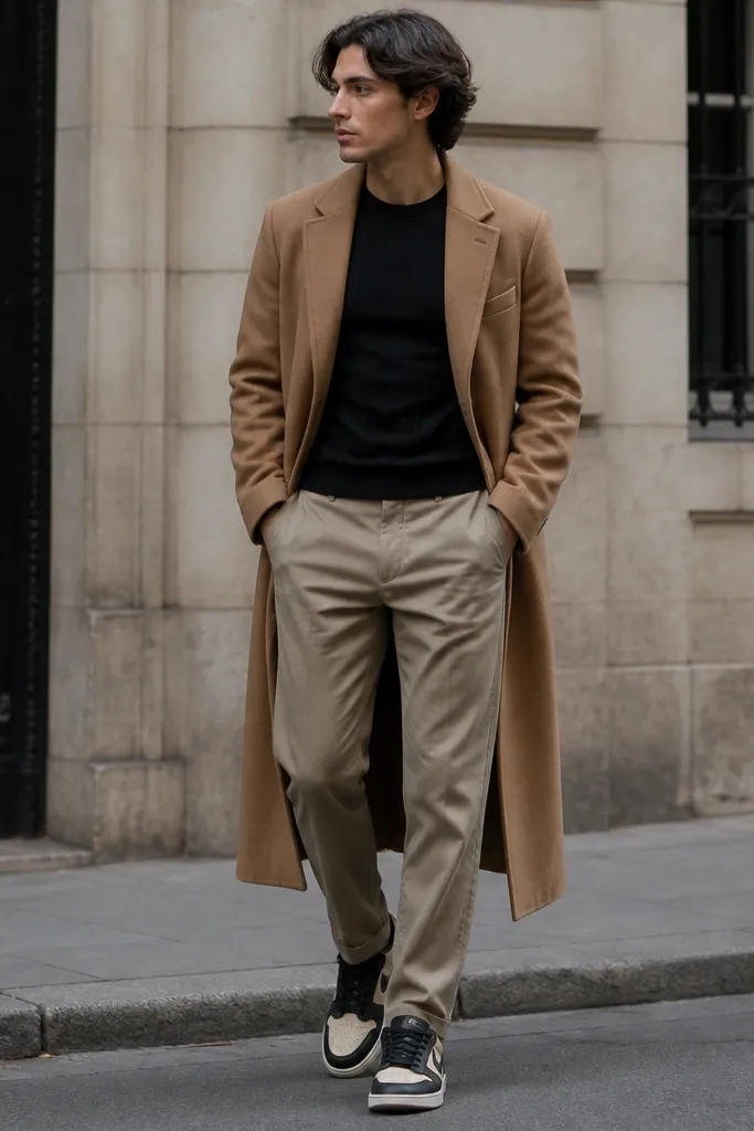 A city sidewalk photo: black long-sleeve fitted tee, stone chinos, and a camel long coat reaching mid-calf. The Travis Scott shoes are in the lower frame, showing contrasting light upper panels against dark trousers.