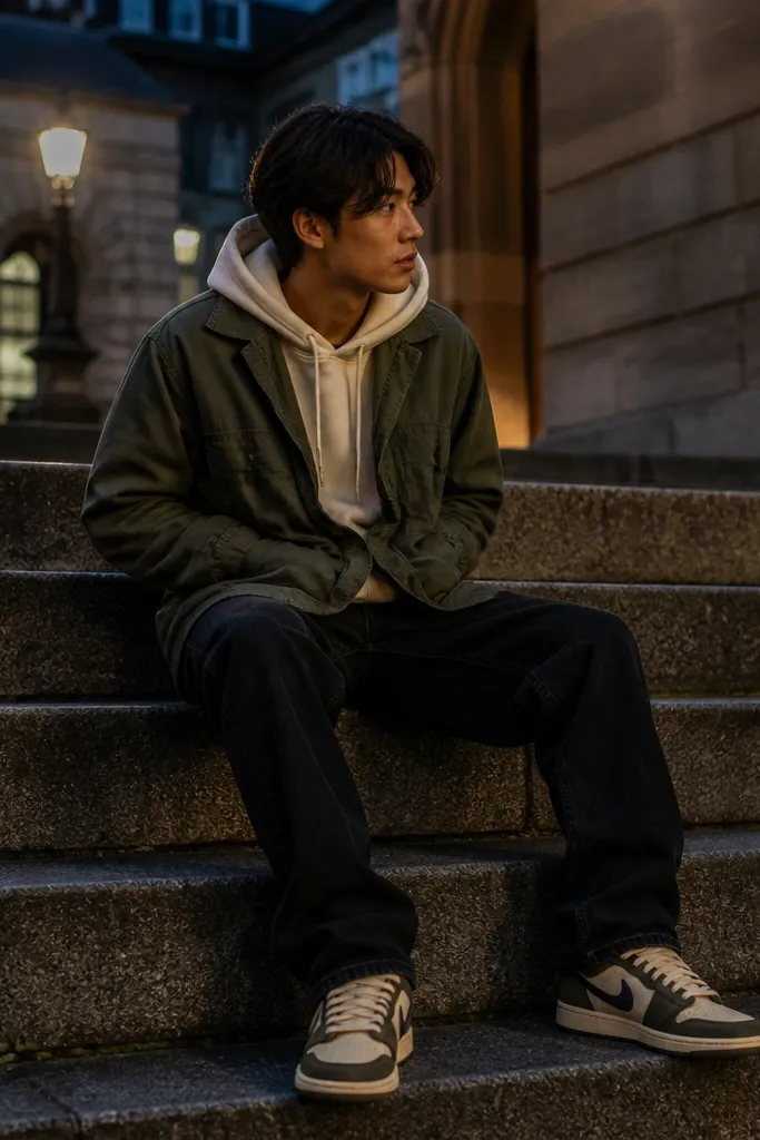 Outdoor evening photo with street lighting: cream hoodie under an olive field jacket, black denim jeans. The Travis Scott shoes are visible with a cream base and darker overlays.