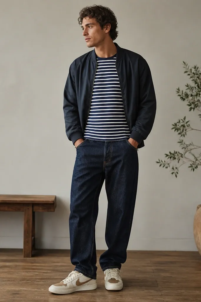 A casual standing shot: navy-and-white striped short-sleeve tee, dark indigo jeans, and a navy bomber jacket. The Travis Scott shoes appear in the foreground, with cream and tan tones against the darker denim.