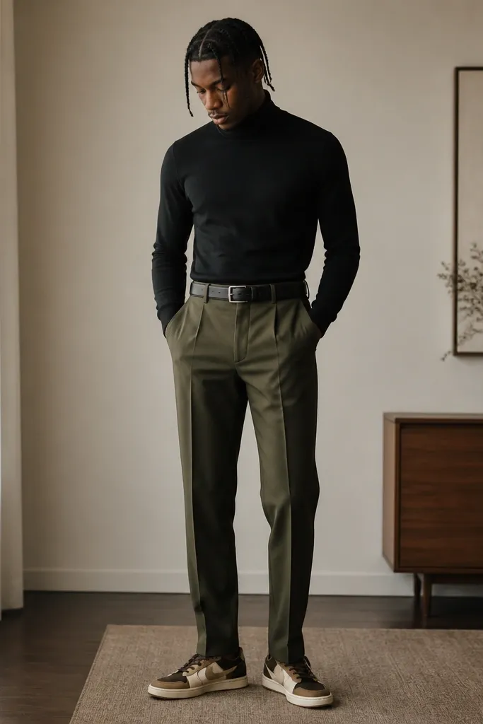 A sharp indoor shot: black turtleneck sweater, olive tailored trousers with pressed front crease, and a visible black leather belt. Travis Scott shoes are in the lower third, showing textured uppers and a cream base.
