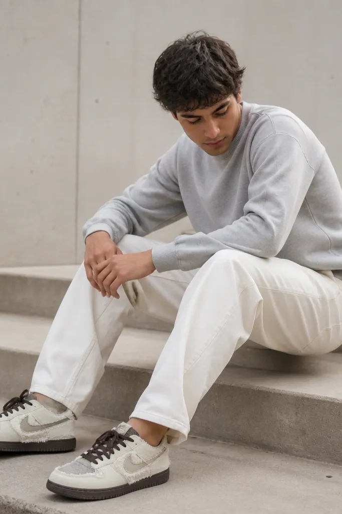 Daylight photo: heather gray sweatshirt, off-white jeans, and the Travis Scott shoes in the bottom frame. The shoes show a light upper with rugged texture and dark sole.