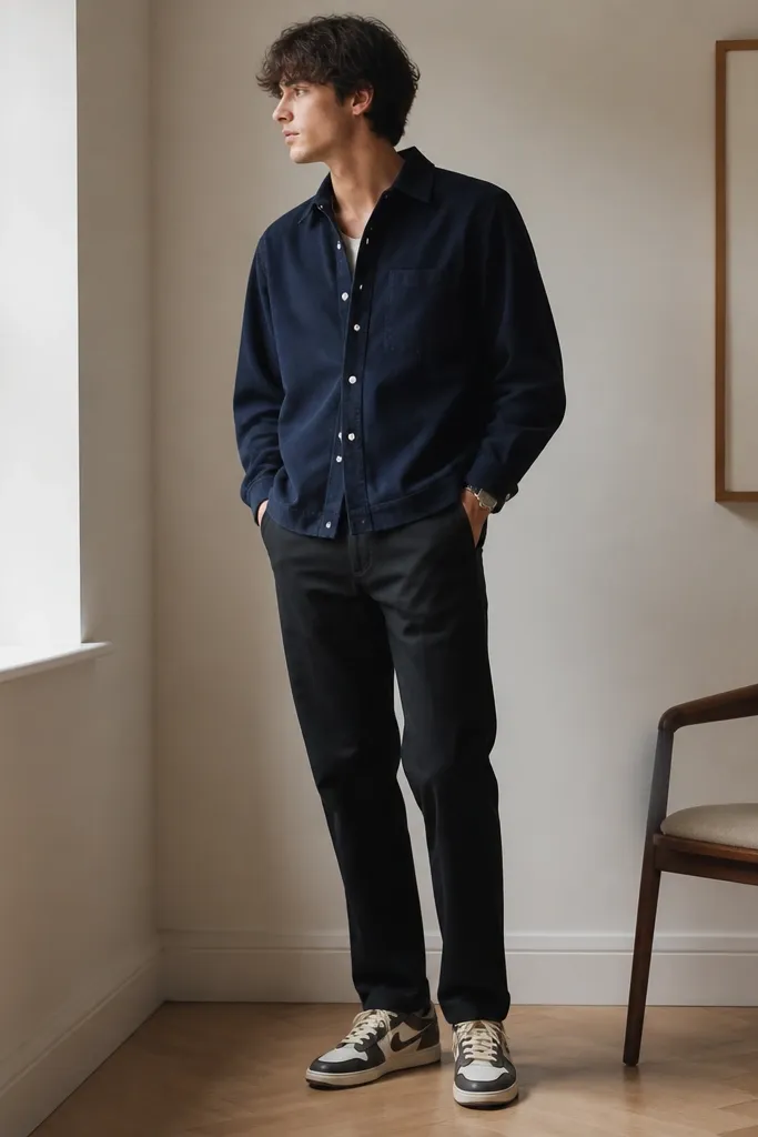 A casual indoor shot: navy overshirt buttoned halfway, black chinos, and Travis Scott shoes. The shoes' cream base is clearly visible and matches the lighter tones in the outfit.