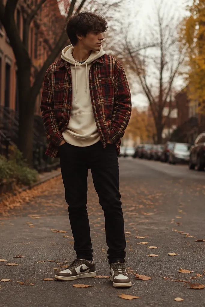 A fall street photo: cream hoodie under a red plaid flannel, black jeans, and the Travis Scott shoes. The shoes show warm cream and darker stitched panels.