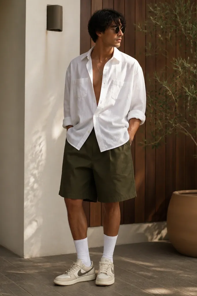 Warm weather styling shot: oversized white button shirt worn open, olive bermuda shorts, and long socks. Travis Scott shoes are shown with a cream-toned upper.