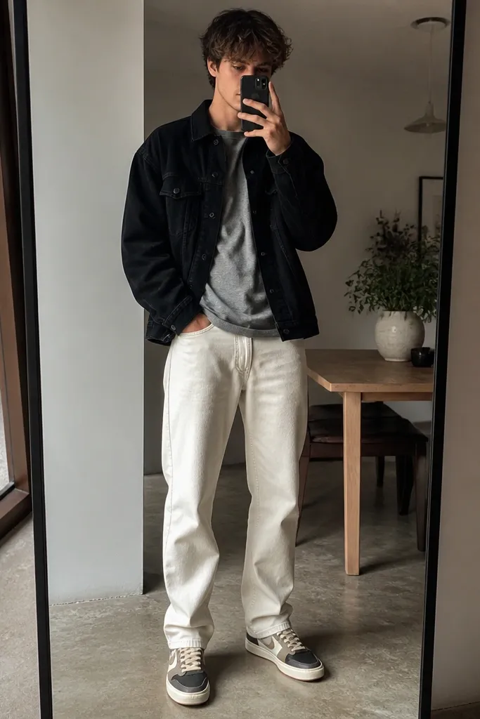 A casual mirror shot: black denim jacket, gray crew tee, and cream jeans. Travis Scott shoes are visible in the lower half, showing a light upper with darker accents.