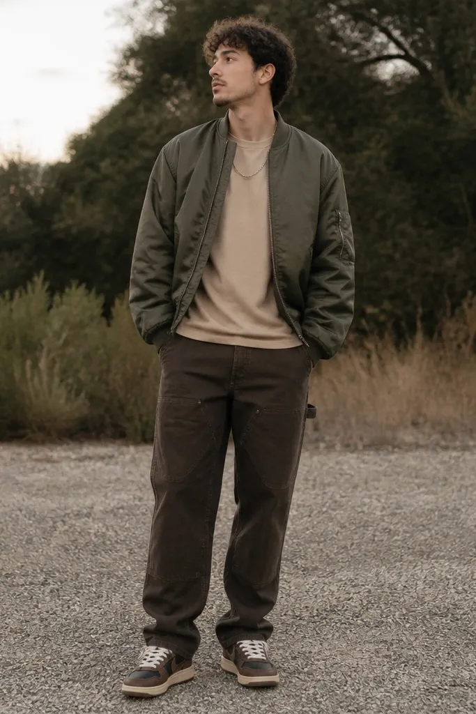 Outdoor shot: beige tee, olive bomber jacket, and dark brown carpenter pants with visible pockets and tool-loop styling. Travis Scott shoes are centered, showing rugged textures and warm tones.